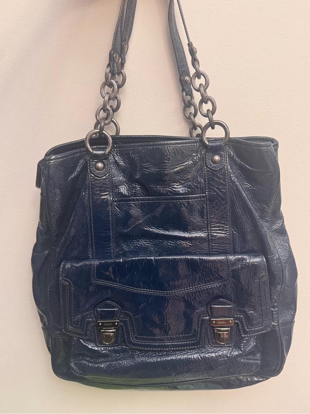 Coach Patent Leather Chain-Handle Tote Bag in Navy